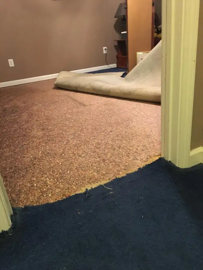 Carpet pad removal revealing water damage during Drying & Dehumidification in Smithfield